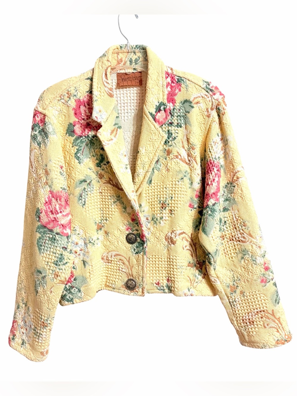 Painted Pony Vintage Cropped Floral Blazer Womens L Yellow Woven Southwestern